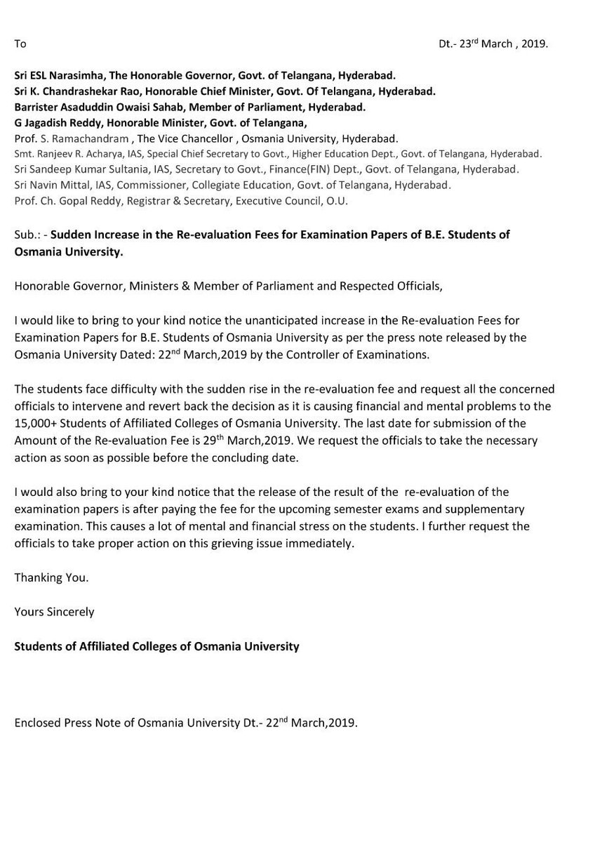 PublicGrievance's tweet photo. Sudden Unanticipated Increase of Re-evaluation Fee of Examination Papers of BE Students of Osmania University is causing mental and financial stress to the students. 
Request the Authorities to take immediate action @asadowaisi @TelanganaCMO @OsmaniaUniHYD @KTRTRS @timesofindia https://t.co/OtKdSC2ZuA