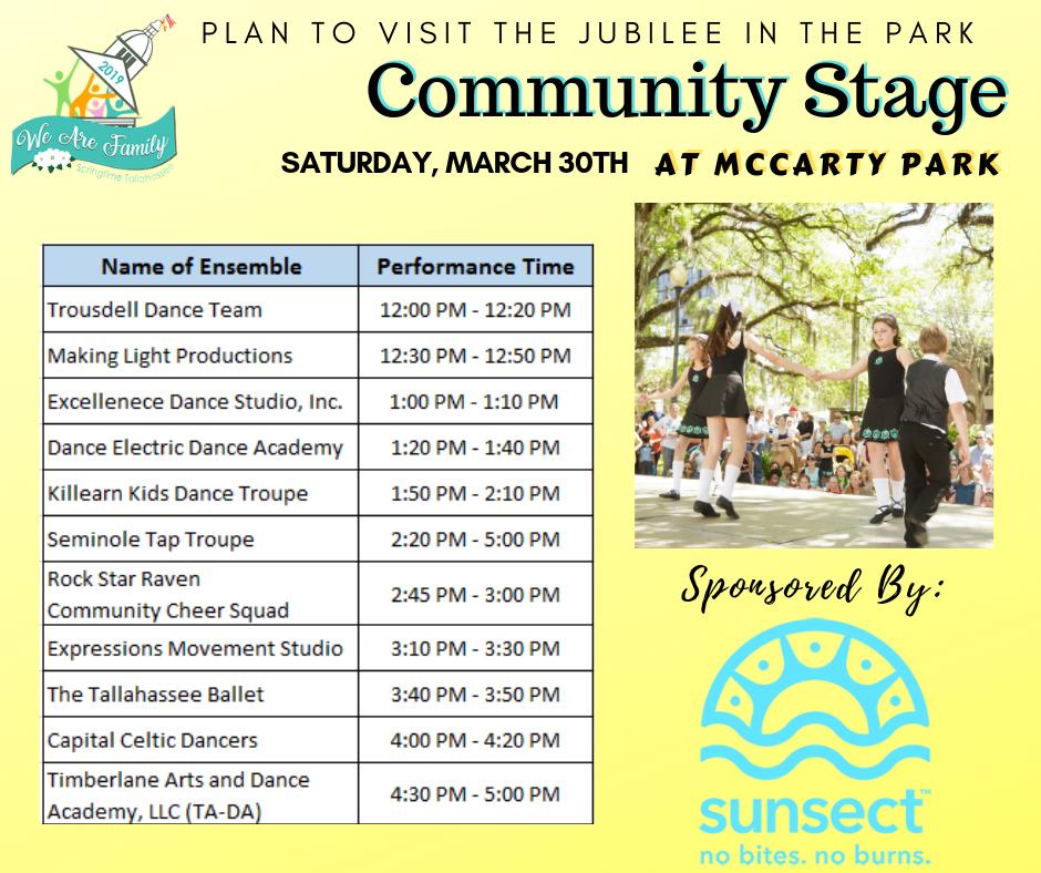SpringtimeTally's tweet image. Make plans to visit the Community Stage at Springtime Tallahassee's Jubilee in the Park on March 30th! Many thanks to @Sunsect15 for being the Community Stage Sponsor! #iHeartTally #springtimetallahassee #Sunsect #nobitesnoburns