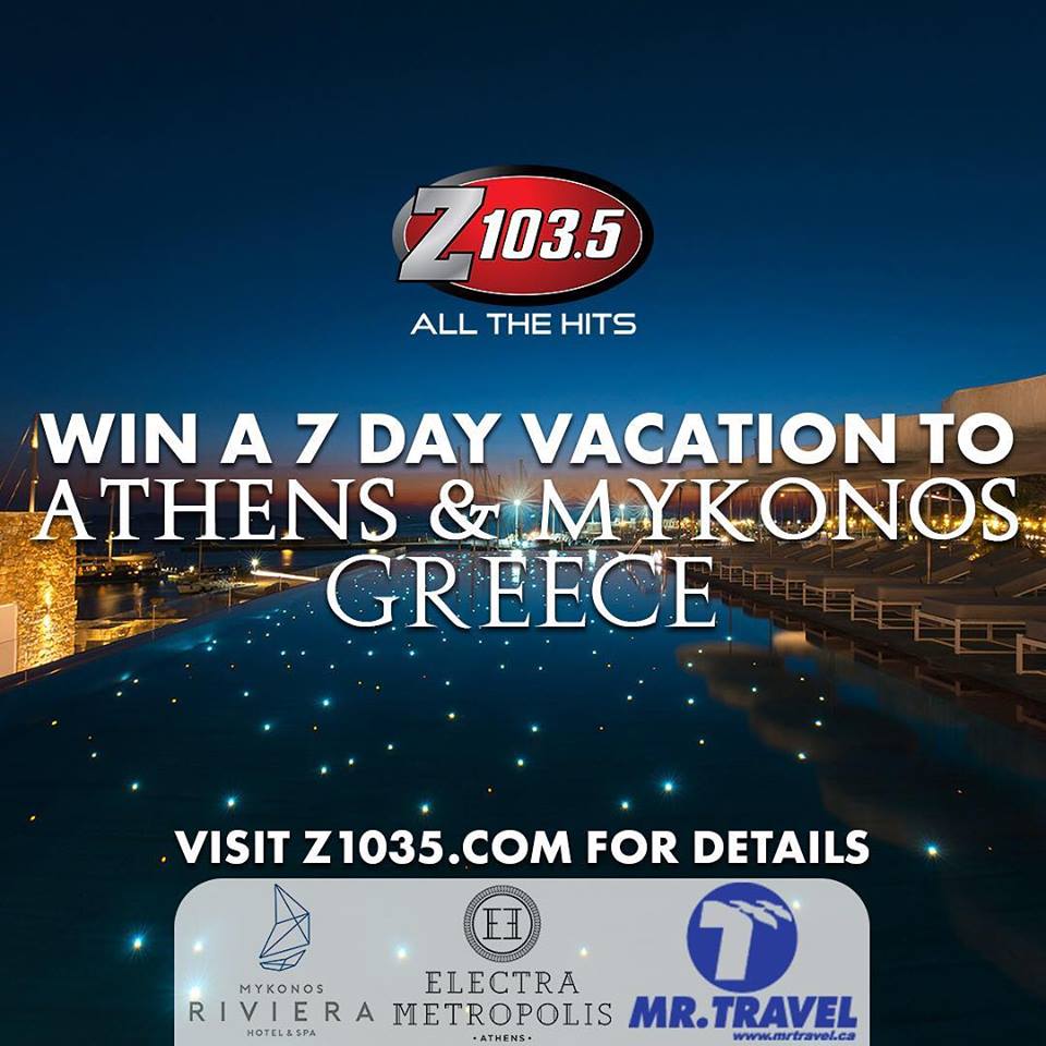 Z1035Toronto's tweet photo. .@TonyMonaco Listen this weekend at Noon, 2pm, 4pm and 6pm to experience Glorious #GREECE with stops in #Athens and #Mykonos in May! Must be 21 or older to WIN from @MrTravelToronto #ZEscape #Fun #Sun #Sand #Beach #History #Culture #Food #Trip #Vacation https://t.co/lLxHcDzuMz https://t.co/zrEctNWkwB