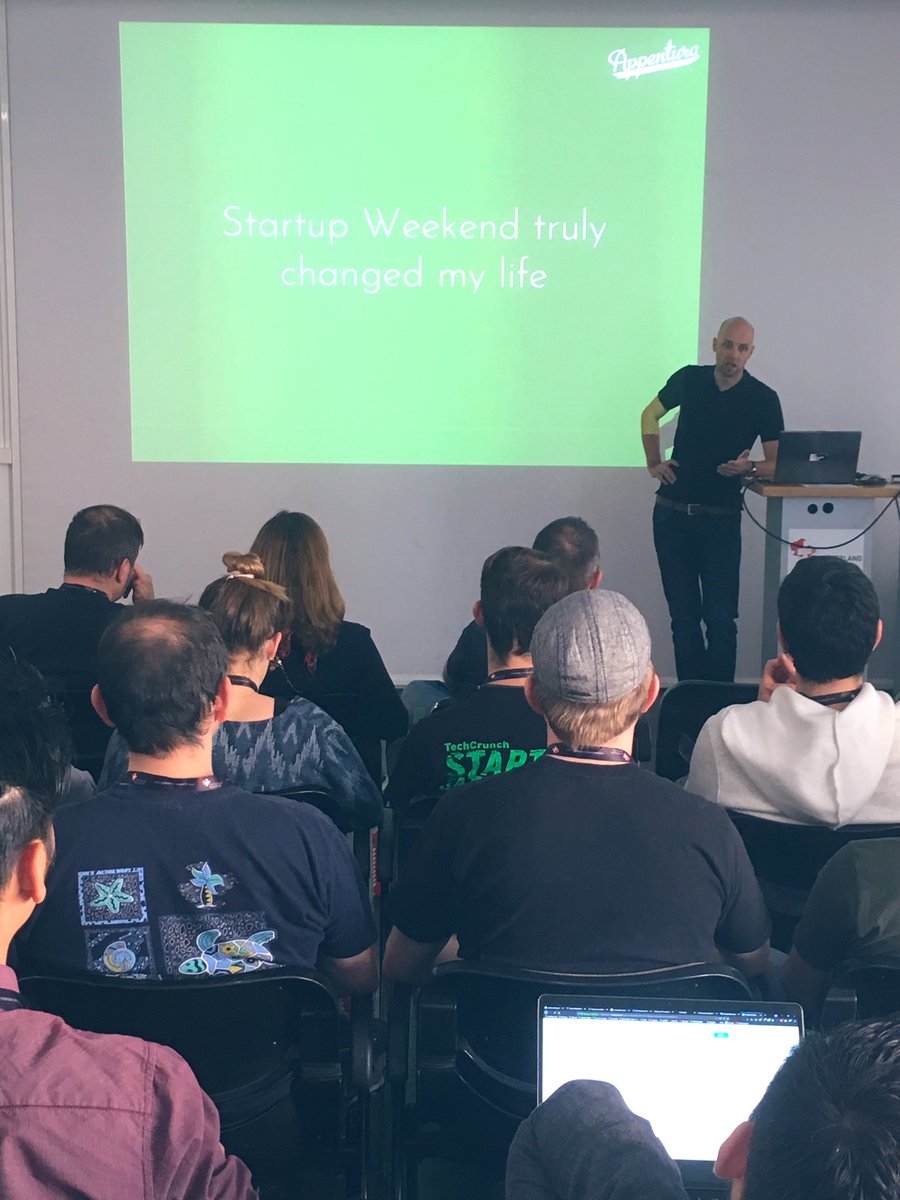 Jernej's tweet photo. “Startup Weekend truly changed my life” Really inspiring @flueckstefan story and his @Appentura company that he founded @StartupWeekend #bern in 2014 @suwBE 💚 Love the green slide, check it out. #givefirst #Switzerland #swbb2019 #startupweekend https://t.co/UUepnkIwbI
