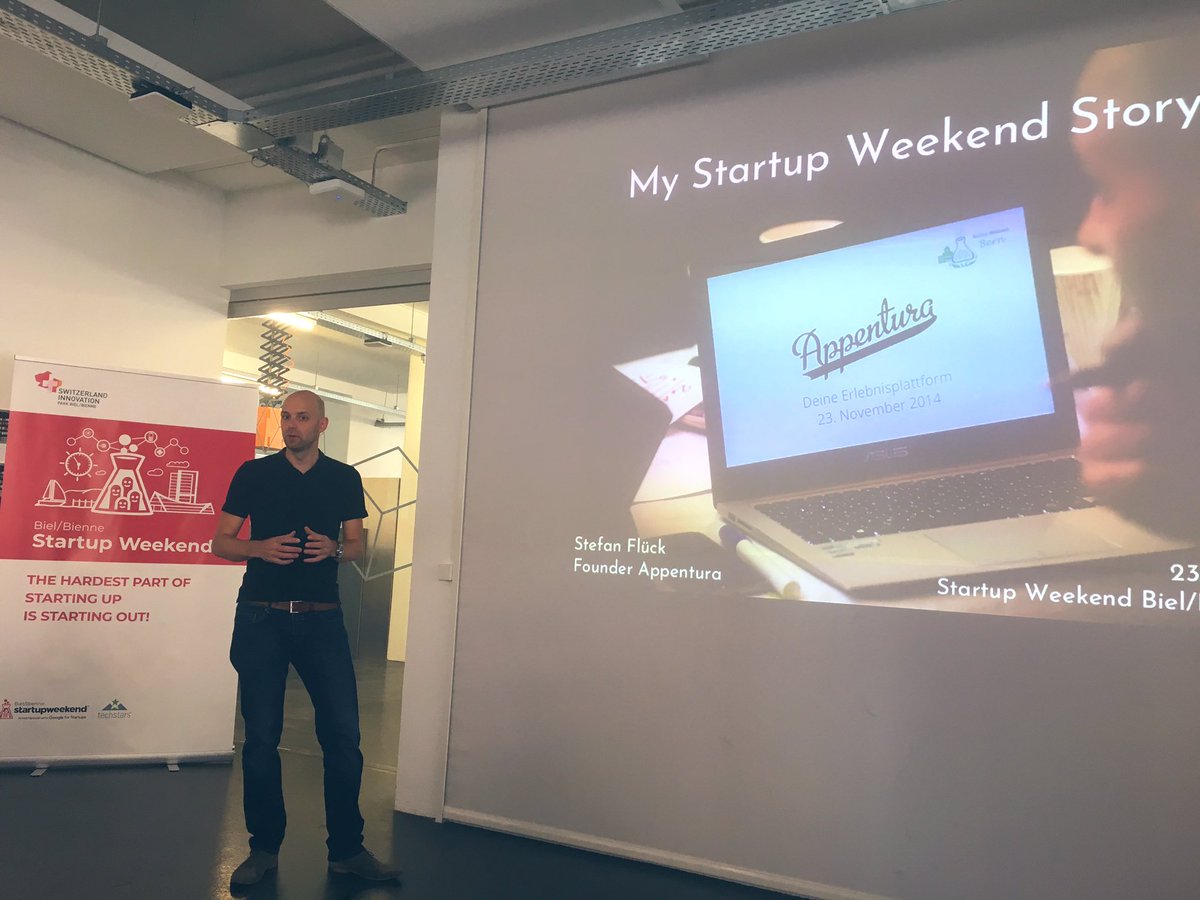 Jernej's tweet photo. “Startup Weekend truly changed my life” Really inspiring @flueckstefan story and his @Appentura company that he founded @StartupWeekend #bern in 2014 @suwBE 💚 Love the green slide, check it out. #givefirst #Switzerland #swbb2019 #startupweekend https://t.co/UUepnkIwbI