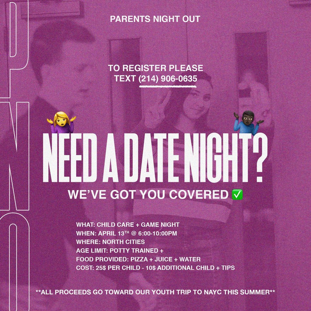 northcitiesyth's tweet photo. Need a date night? We got you! 💪🏼💯

Let us help give you a date night by giving your kids the night of their life. 🔥 All proceeds go to helping get our Youth to NAYC 2019!

For more info on how to register, text (214) 206-5860 or directly visit https://t.co/NiydKs9qoq https://t.co/7LOQeknXrt