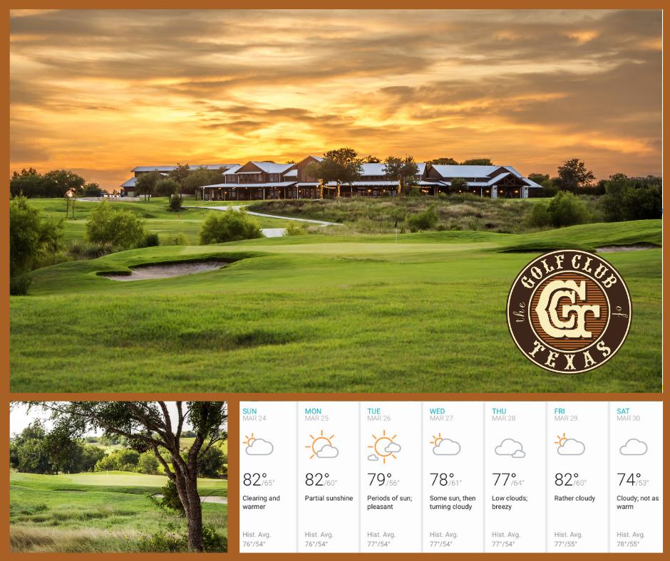 GCofTexas's tweet photo. No your eyes are not deceiving you, the weather this week is PERFECT for being outside and golfing. Call the Pro Shop at 210-504-2550 to book your tee time before they are all gone! β³οΈπ #golfclubtexas #springishere #cleanyourclubs https://t.co/L5jKFvBBBA