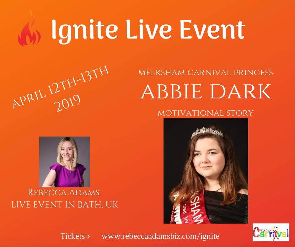 rebeccaadams187's tweet photo. Melkshams Carnival Princess will be attending the @IgniteLiveEvent next month and is sharing her story via a video. 🔥Tickets> https://t.co/AYUurMaaTq 🔥 @melkshamnews @MelkshamTC @BathPavilion #igniteliveevent #bath #rebeccaadamsbiz https://t.co/YRdmr6JuJ1