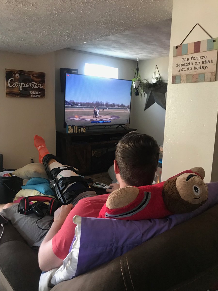 mama_carp's tweet photo. ⁦2 days post surgery and ⁦@chasecarp21⁩ got his Tigers on the big screen. Tiger up! ⁦@wittbaseball⁩ #pillowpetgang https://t.co/z94qWrxoFd