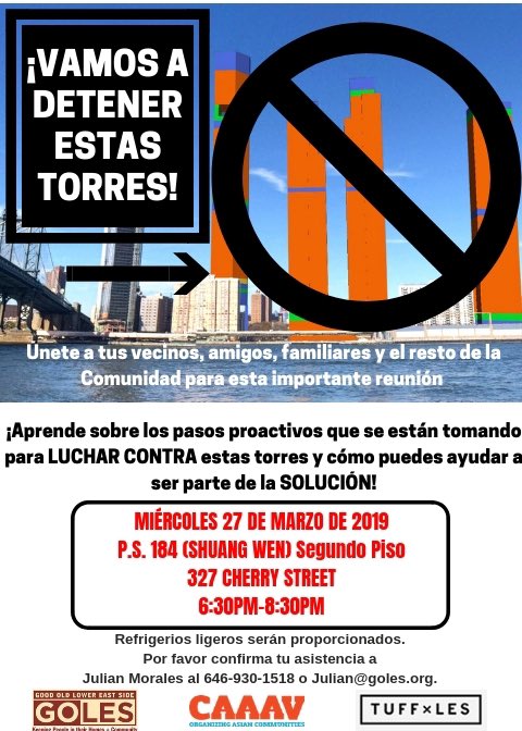 GOLESNYC's tweet image. What's going on w/ the Two Bridges lawsuits including the one filed by @GOLESNYC @TUFFxLES @caaav? 

Also come learn about how YOU can get involved to STOP these towers.

Find out at the #TwoBridges TOWNHALL next Wednesday, March 27th @ 6:30pm, P.S. 184! 

nypost.com/2019/03/22/les…
