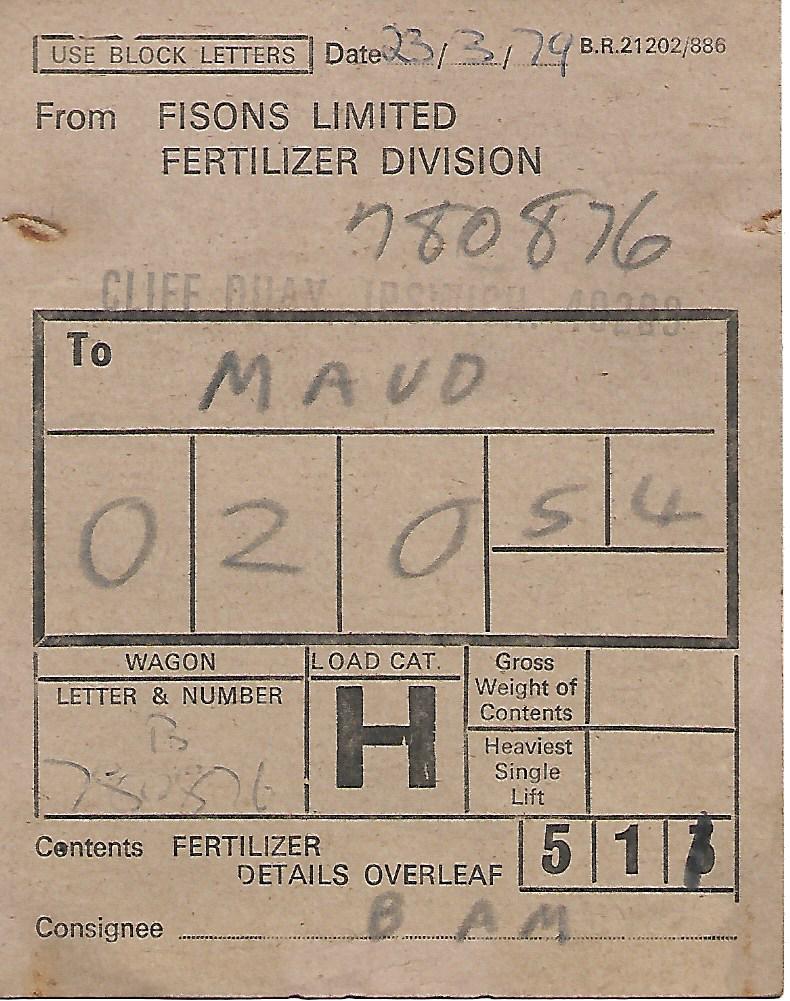 SalopianLyne's tweet photo. #RailwayWagonLabelaDay No.1593 : 23rd March 1979 240 Bags of Fisons Fertilizer in British Railways 12 Ton Ventilated Van B780876 from Cliff Quay, Ipswich to Maud for BAM Buchan Argicultural Merchants. #Railfreight #BritishRail #Fisons #Ipswich #Maud #Buchan #Farming #ScotRail https://t.co/WkmAHmRynF
