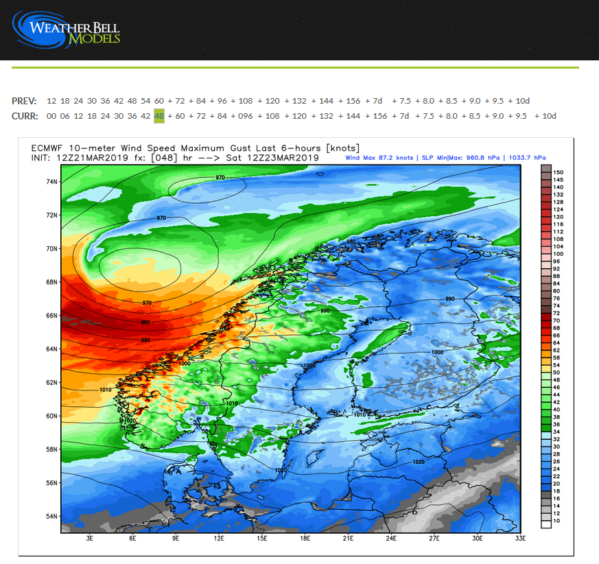 ChrisGloninger's tweet photo. Can't say this storm wasn't well modeled.
This is from the EURO on THURSDAY morning.
It showed a sub 970mb low with gusts to 70kts. Wave heights 30'+ also forecast.
No cruise ship has any business being out in these conditions.
#VikingSky 📷: @weatherbell https://t.co/zAdTLkgLsT