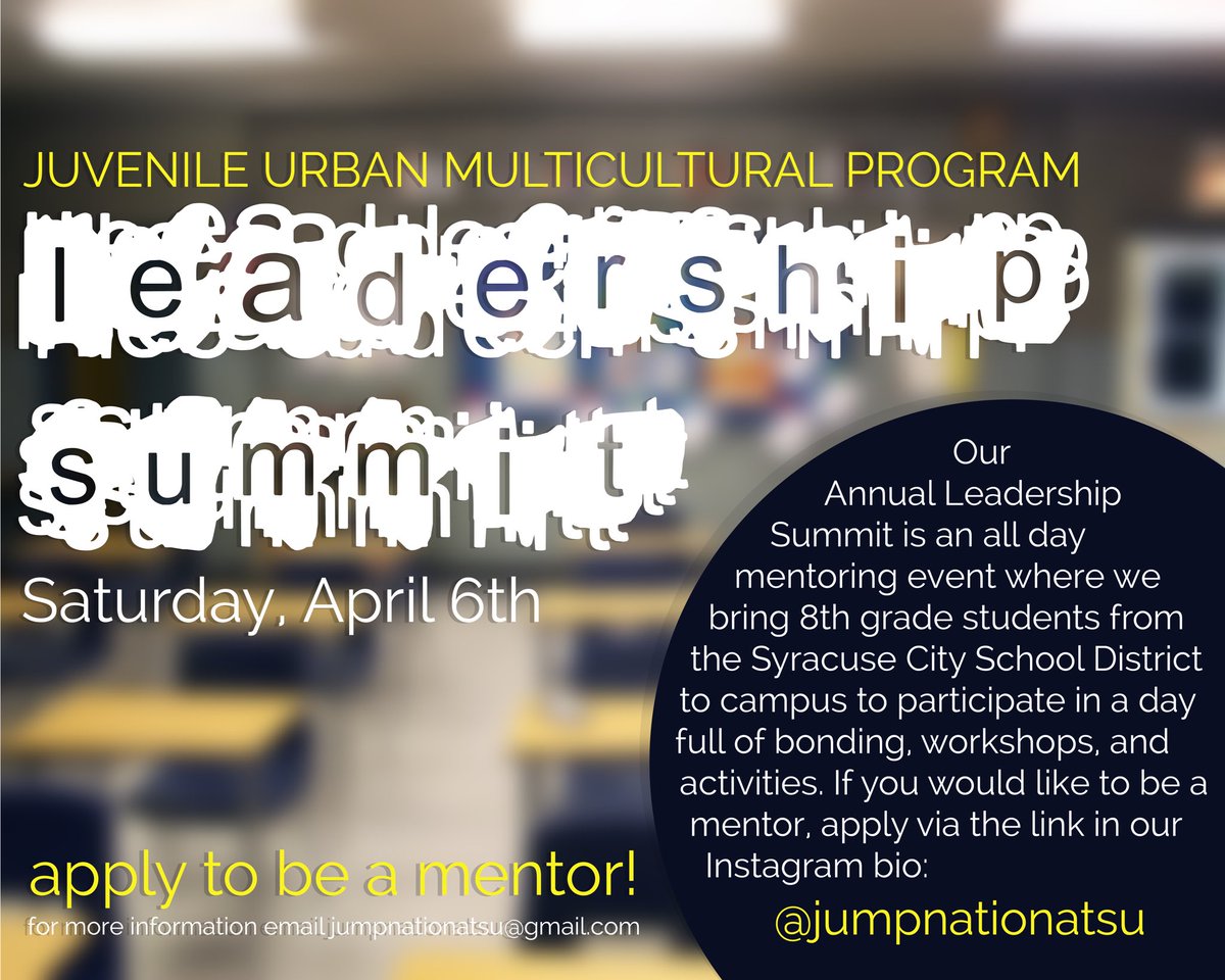 JumpNationSU's tweet photo. JUMP is looking for new mentors! Our Annual Leadership Summit is coming up right around the corner❗️ Click the link in our bio to apply to be a mentor and be a role model to an 8th grader in the Syracuse community. 📓🎓 #WeDoItForTheKids https://t.co/mqvIFVTVvG