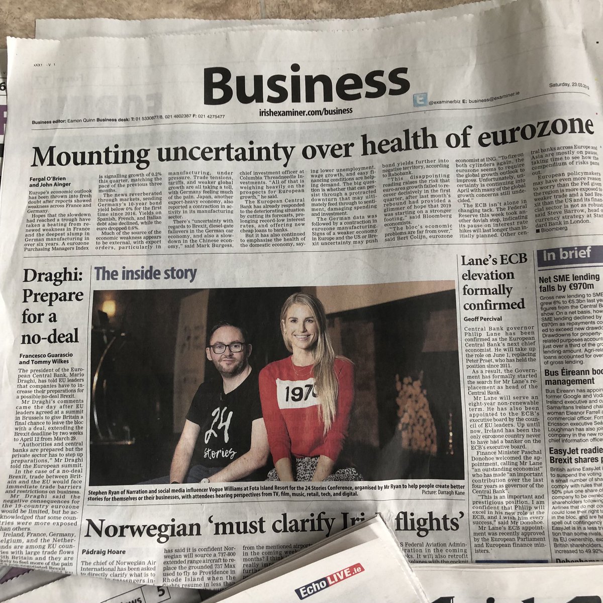 StephenRyanCork's tweet photo. Great to see a picture from @24storiestribe Conference of @VogueWilliams and myself on the business section of @irishexaminer today #24storiesconf #cork https://t.co/tpolbBTLdt