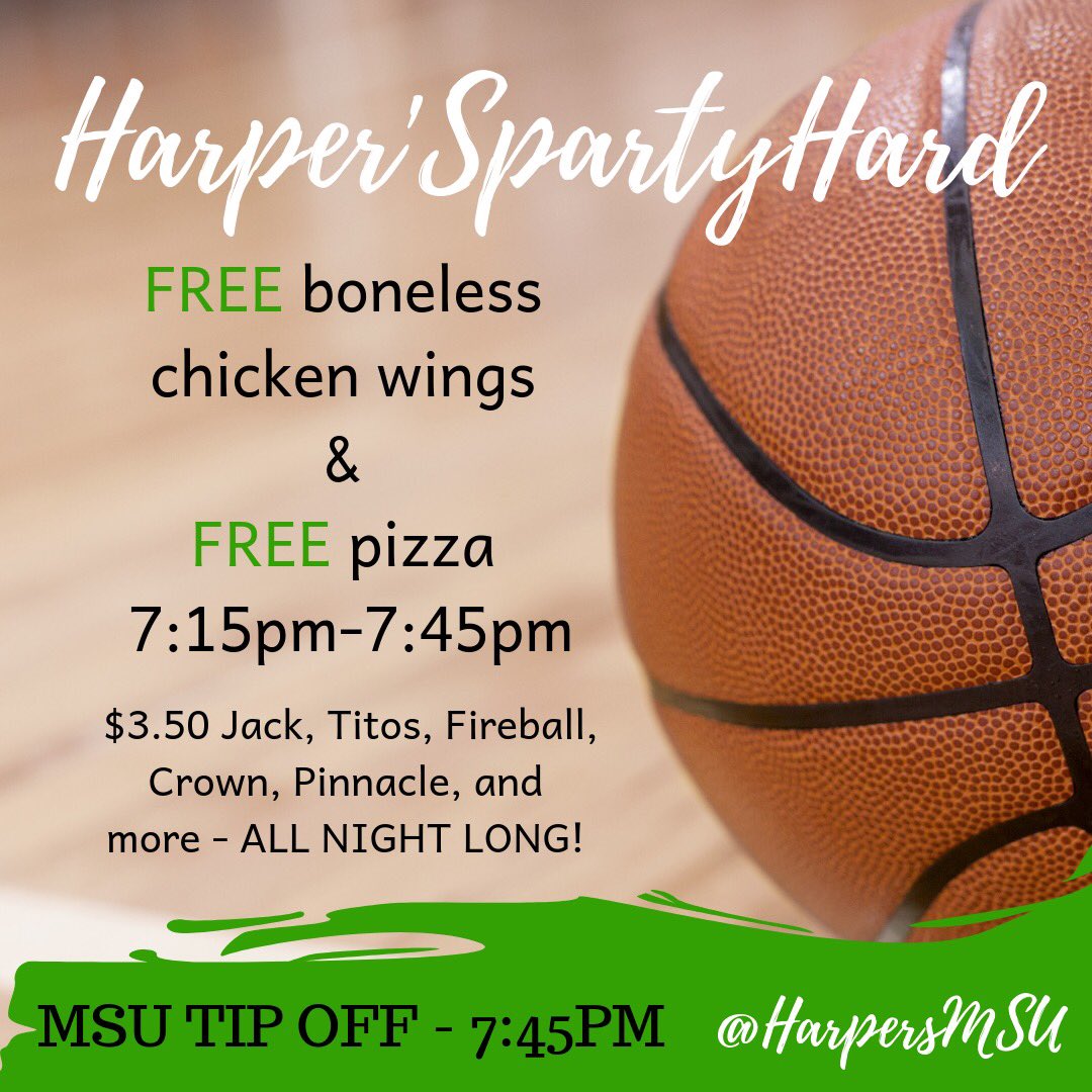 Harpers has 20 NEW TVs. FREE Wings AND Pizza 30 minutes before tip off 7:15pm - 7:45pm