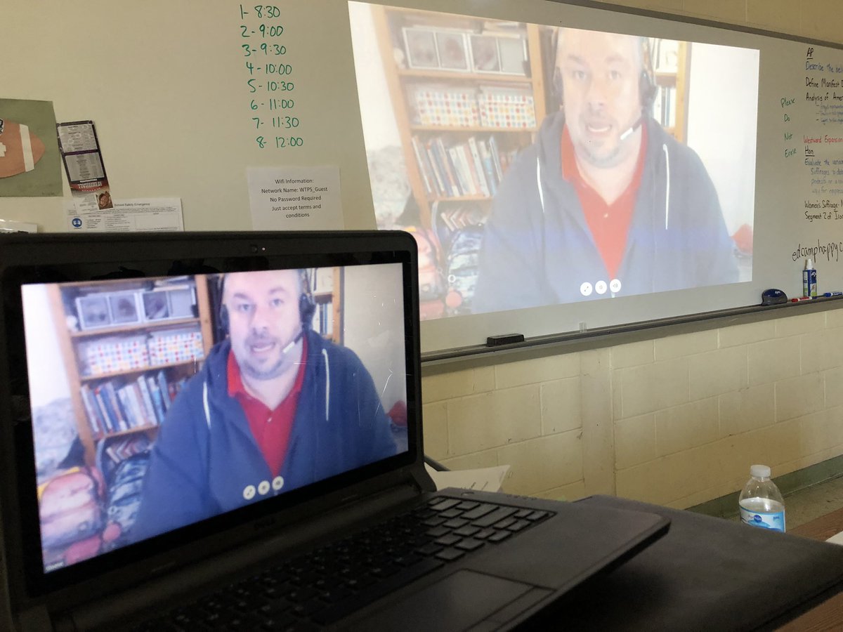 kerszi's tweet photo. Hey hey hey!  It is the GREAT @Lanny_Watkins presenting for #EdcampHappyCamper remotely from Wales 🏴󠁧󠁢󠁷󠁬󠁳󠁿!!!!  He’s teaching everyone here about @SkypeClassroom and he is on 🔥! https://t.co/UEwP29XOhT