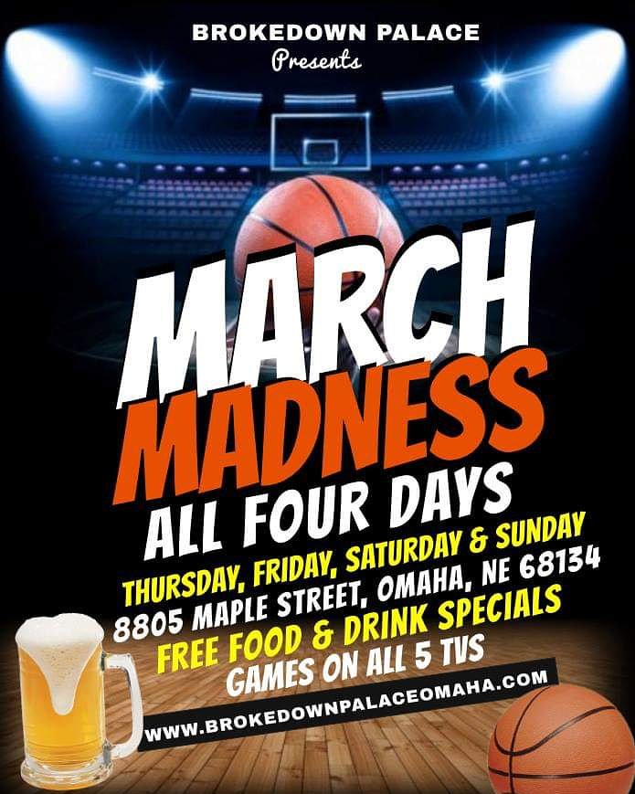 Join us for March Madness today and Sunday! Complimentary food starting at 2:00 p.m., great drink specials and games on ALL 5 TV's. #MarchMadness #BrokedownPalace