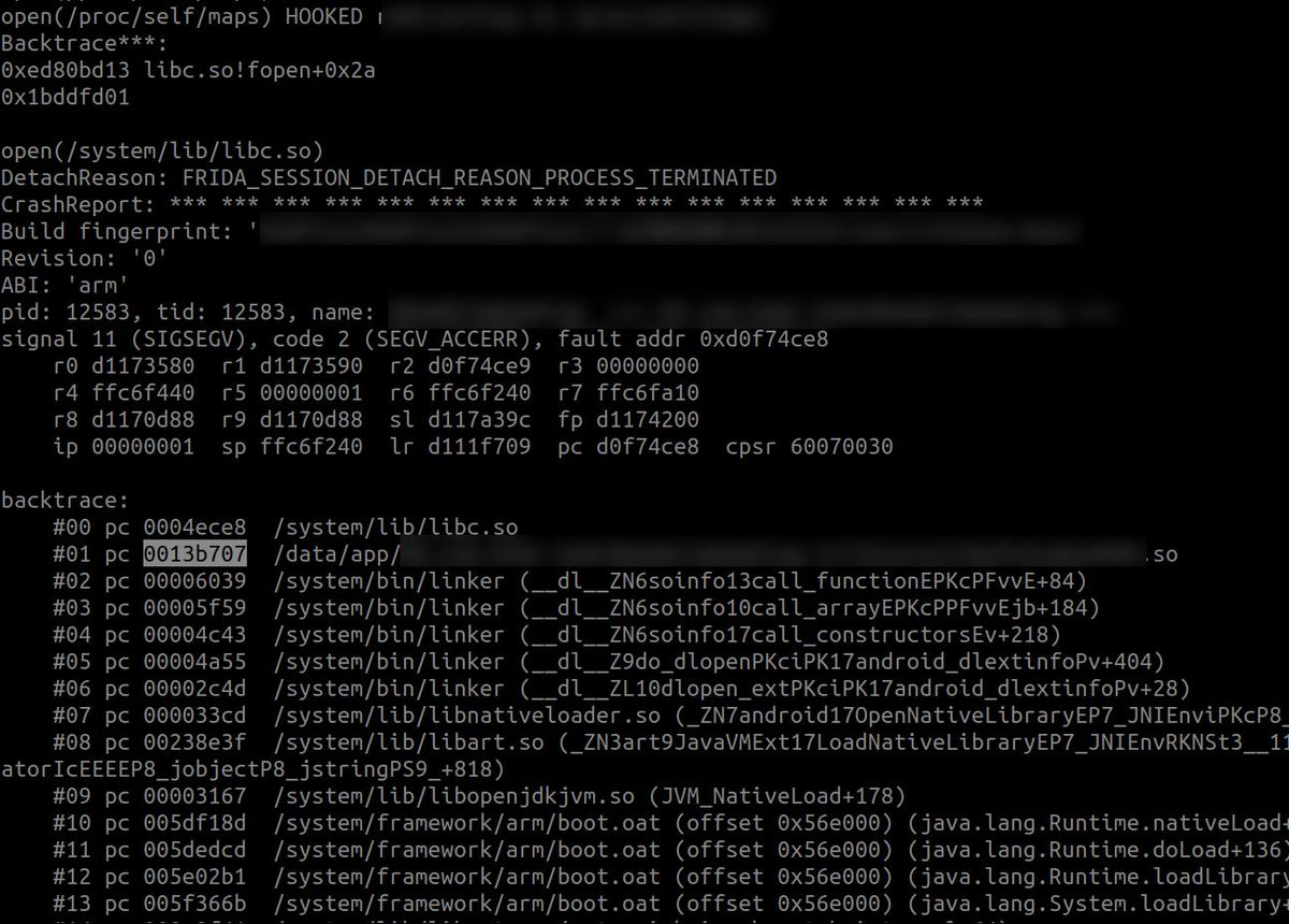 enovella_'s tweet photo. The @fridadotre crash report is more useful of what you thought initially! Especially when reversing highly obfuscated native libraries! #Frida save the queen! #Android #Reversing #OLLVM #obfuscation https://t.co/rO3FTeDRHT