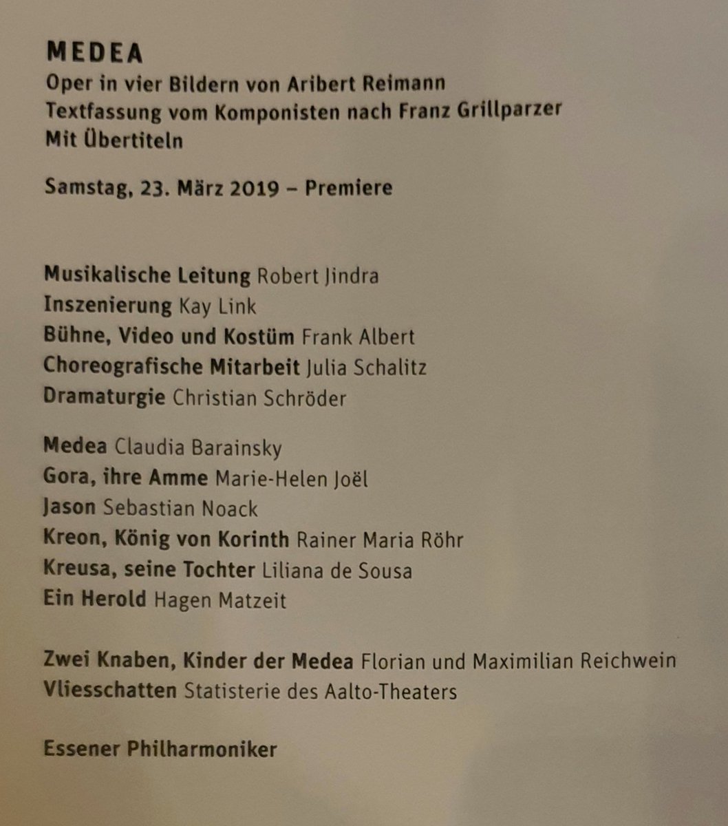 Opernjunkie's tweet photo. Besetzung #Premiere #Medea #Reimann
#Aalto #OperEssen https://t.co/Z2v8MoScJD