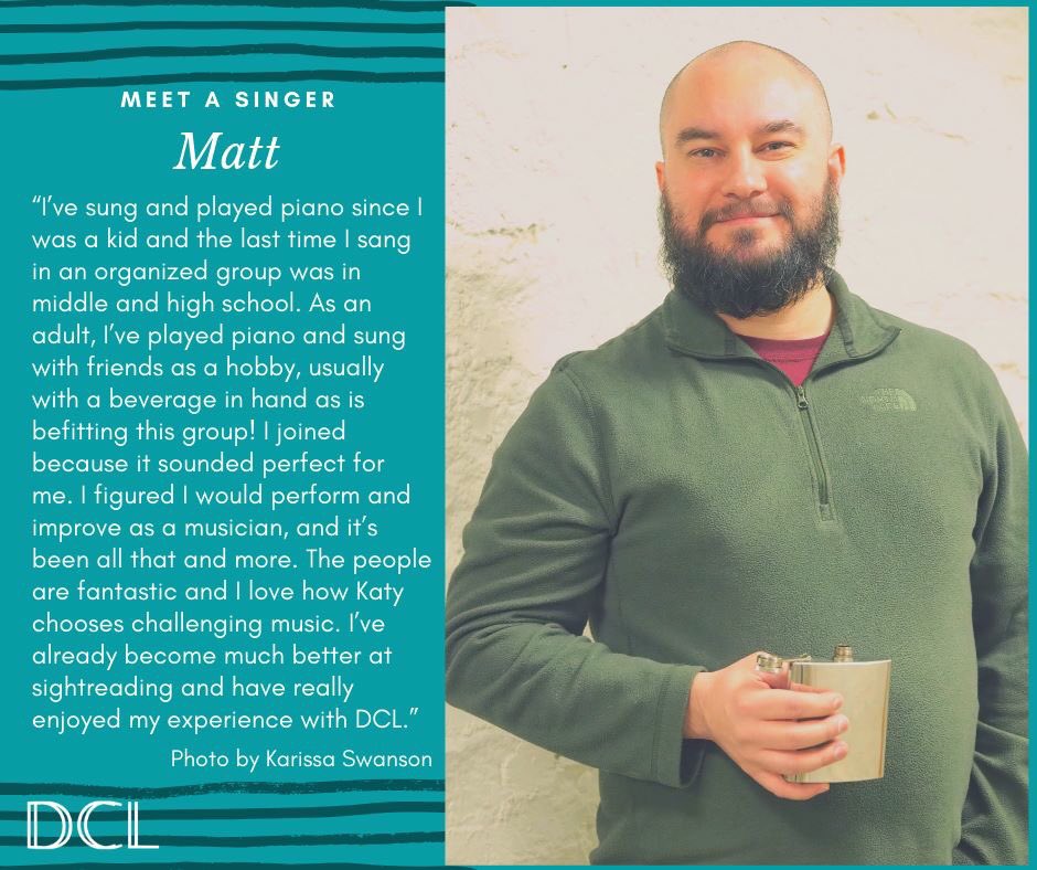 Meet Matt! He’s known for having a flask in hand in the bass section. 🥃 To sing with Matt, join DCL! Rehearsals start 4/1 at <a href="/MileHighSpirits/">Mile High Spirits</a> 

Haven't registered yet? Sign up today at denverchoirleague.org/sing

#denverchoir #denversings #singwithmatt #flaskatrehearsal