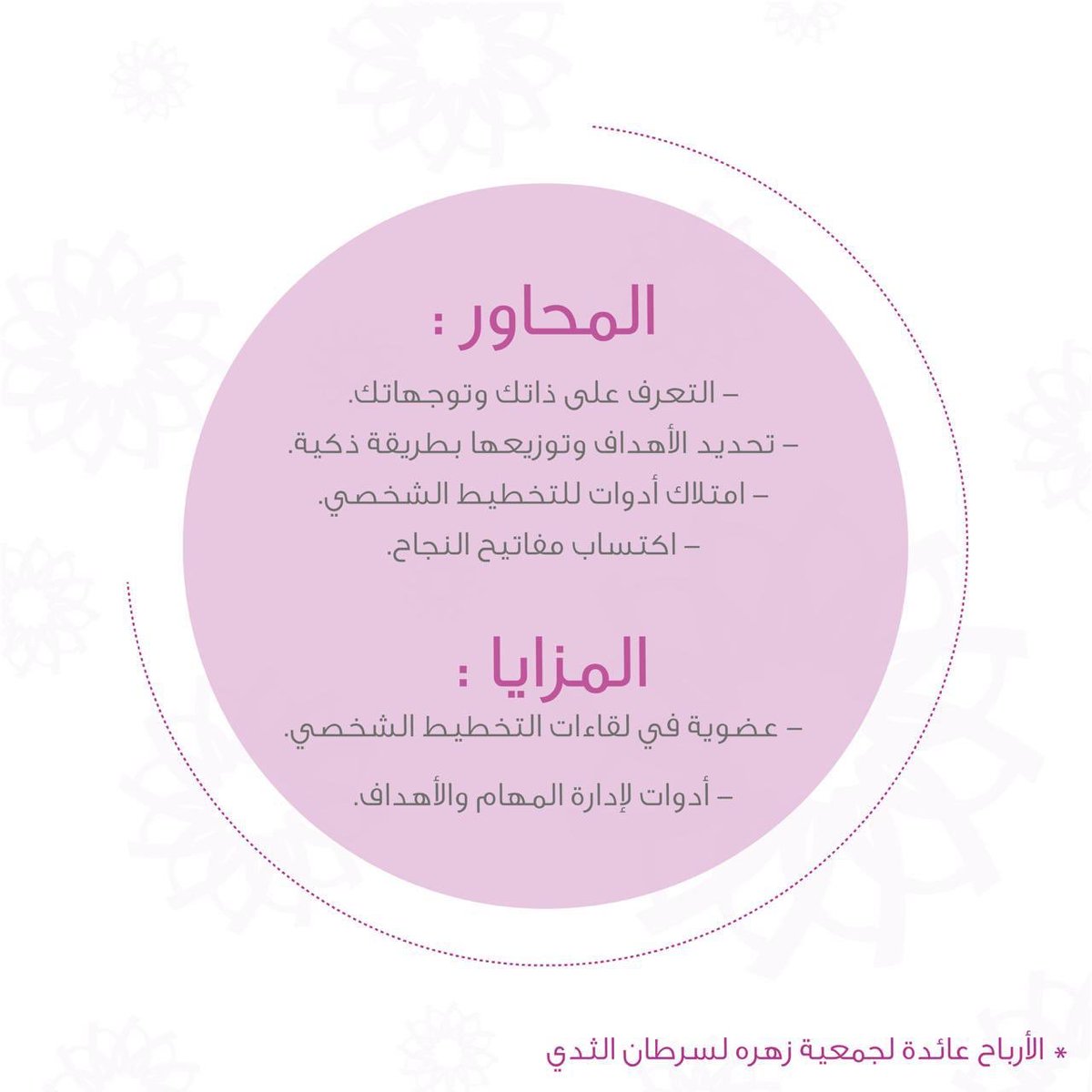 zahra_ksa's tweet photo. يسرنا دعوتكم لحضور ورشة عمل بعنوان وجهتي"تطبيق عملي لفن ادارة الذات" وذلك يوم ٢ و ٣ ابريل في جمعية البر الخيرية بالخرج 
 
للتسجيل: 0530204283
#جمعية_زهرة #سرطان_الثدي 
#الخرج https://t.co/OxKRr8MQSz