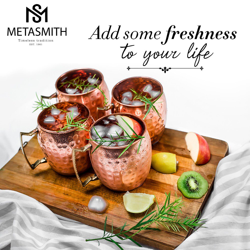 MetasmithIndia's tweet photo. Welcome the spring season and freshness to your life! Copper mugs for the cool drinks! 
#Metasmith #TimelessTradition 
 #healthyliving #springseason #colddrinks #mocktails #cocktails #lemonades #summerdrinks #spring #summer #cooldrinks #kitchen https://t.co/46OLzPnoTi
