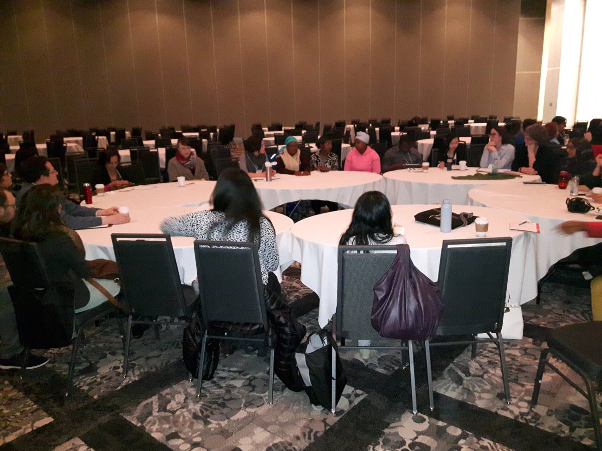 SueBrigham2's tweet photo. Understanding cultural and community food security  with newcomers. A roundtable discussion that is so popular we added 6 tables! Organized by Jenn Brady @MSVU_Halifax #MetropolisHAL https://t.co/X0Jdf6bPOw