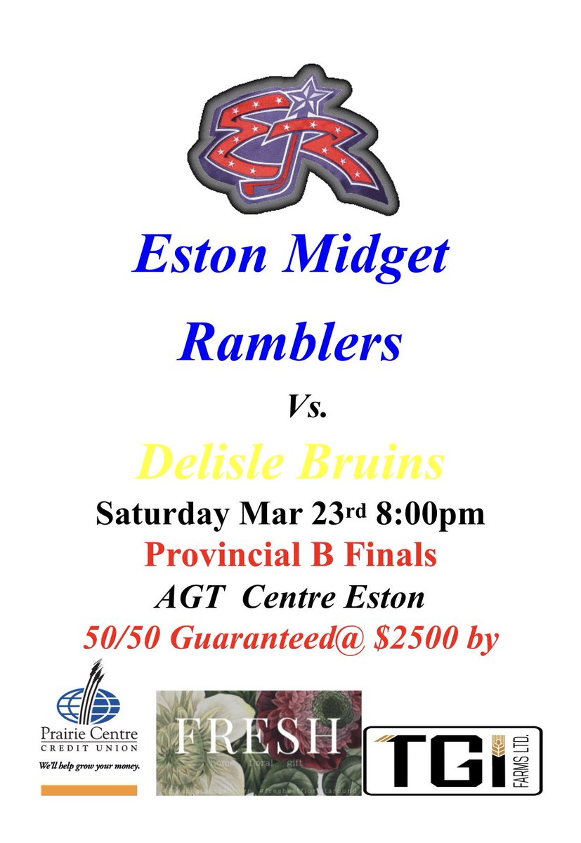 Midget Provincial B finals tonight at 8:00. Pack the rink!! I am looking for 1 more person to work in the penalty box for me tonight. Let’s do this #ramblernation  50/50 guaranteed at $2500