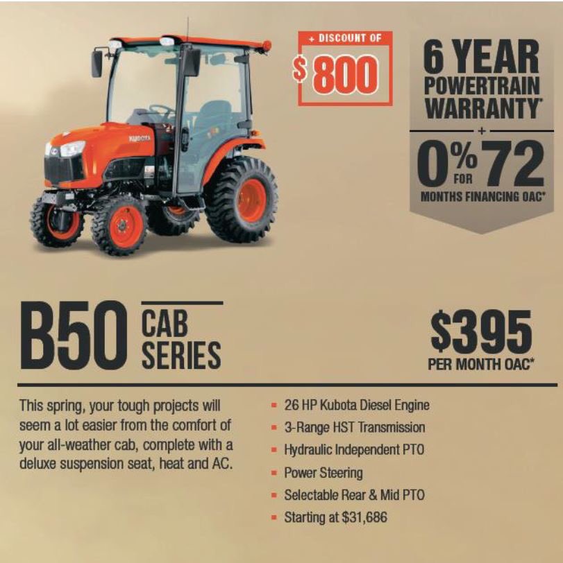 keystoneag_'s tweet photo. The Kubota Bring in Spring event starts April 1st! These utility tractors are available with 0% financing OAC! Come talk to Myron or Eric for more information!
#kubota #bringinspring #utilitytractor #keystone https://t.co/CGsOaTv0Fr