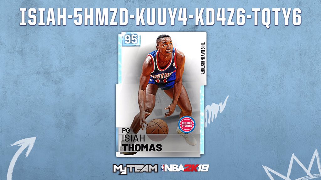 LockersCode's tweet photo. Another 1! On This Day in History, #IsiahThomas #lockercode 
Use this #code for a shot at his 💎 card, #Tokens or #MT, available for one week

👉For More #LOCKERCODES &amp; #updates #VC #MTP #Token #NBA2K19 
1️⃣Follow Us
2️⃣Like &amp; RT
3️⃣Go Here https://t.co/jP4cS1KwHn https://t.co/y8T0k0majZ