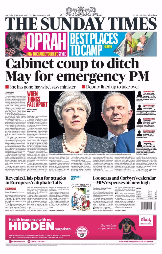 DarranMarshall's tweet photo. Sunday Times : Cabinet coup to ditch May for emergency PM.

@ShippersUnbound speaks to 11 ministers who will tell Theresa May to quit or face mass resignations. 

She is described as a “toxic’ &amp; “erratic” figure whose judgement has “gone haywire”. 

#Brexit #tomorrowspaperstoday https://t.co/YYjuu8jsbk