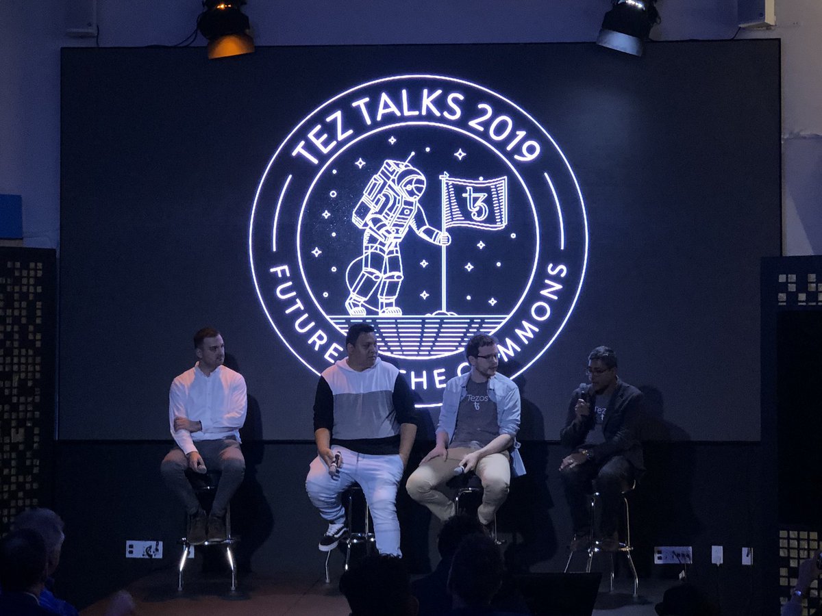 flock_bot's tweet photo. Look at all those Tezos Builders on stage at once:  @TezBox_Wallet @kalhatti @tezsure and @csoreff as moderator. https://t.co/TBQDbNpmGR