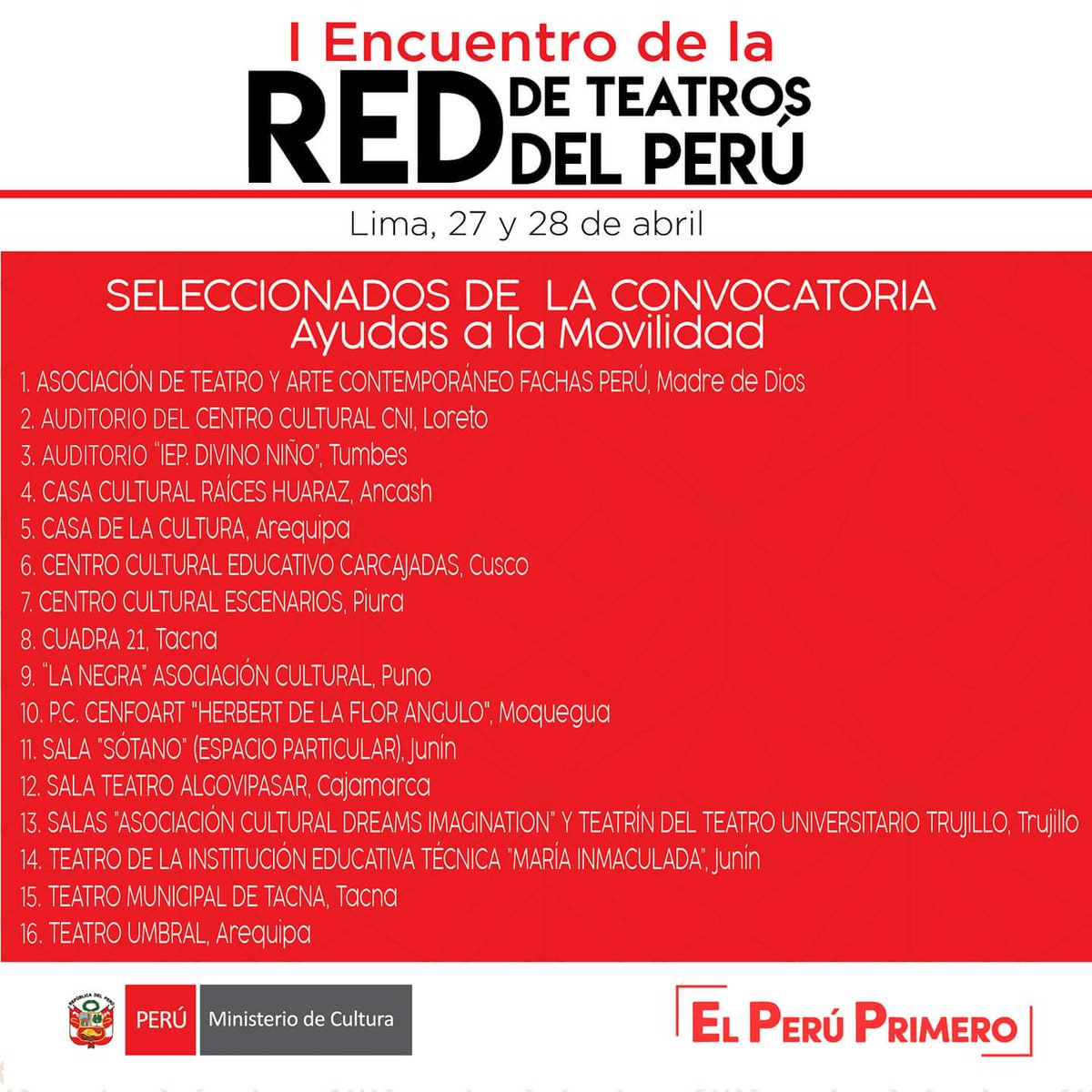 MinCulturaPe's tweet photo. [#Resultados] 🎭 El I Encuentro de la #RedDeTeatrosDelPerú está cada vez más cerca. 
Muchas gracias a todos quienes postularon a la convocatoria de #AyudasALaMovilidad. 
🎉¡Felicidades a los seleccionados!
▫️Muy pronto nos comunicaremos con cada uno. https://t.co/lGYGg8UCQr