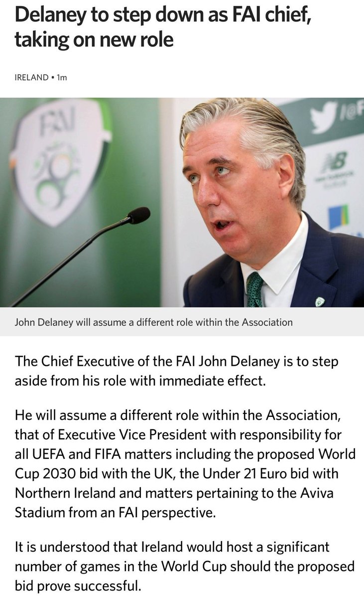 YouBoysInGreen's tweet photo. John Delaney resigns as CEO but will take up "different role in FAI".
Different role?
Why?
Why  now?

Keep going  @NoelRock @CathMurphyTD https://t.co/Og5Ekr78xd