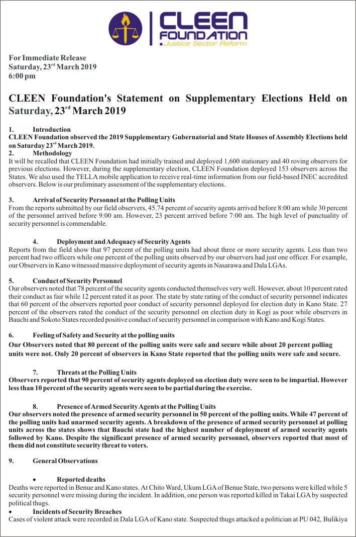 cleenfoundation's tweet image. CLEEN Foundation’s Statement on Supplementary Elections Held on Saturday, 23rd March 2019 #2019Elections #2019electionsecurity #NigeriaDecides2019 -  cleen.org/2019/03/23/cle…