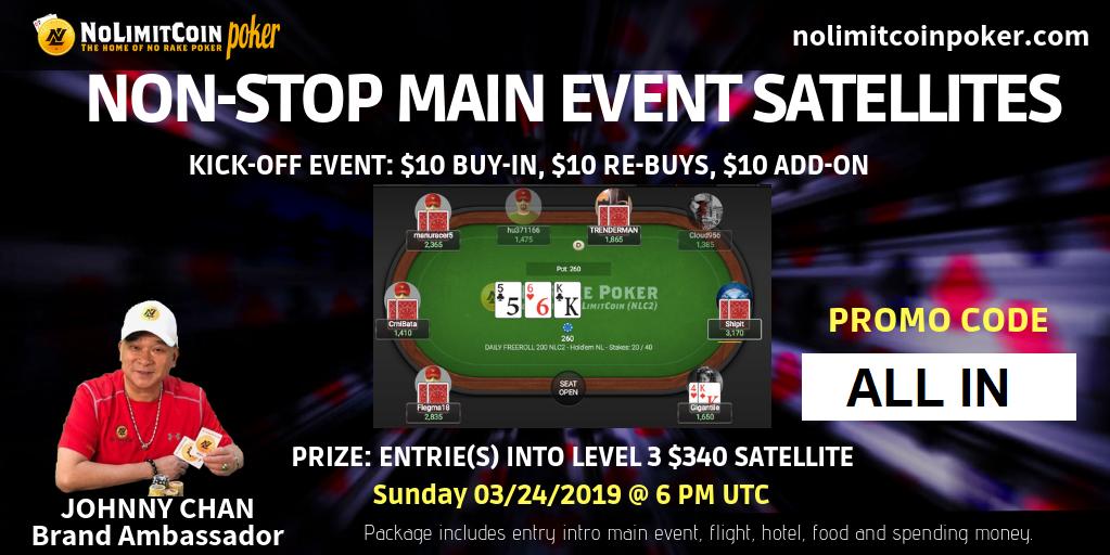 NoLimitCoin's tweet photo. Main event satellites start tomorrow! Kick-off tourney for the Main Event satellite. 11 AM 11/24 $10 buy in with rebuys and add on. Register here at the Early Adopter tourney. https://t.co/1peSvD4z22 …
#nlc2 #pokeronline #johnnychan #jamiegold https://t.co/FBsW1qPPUk