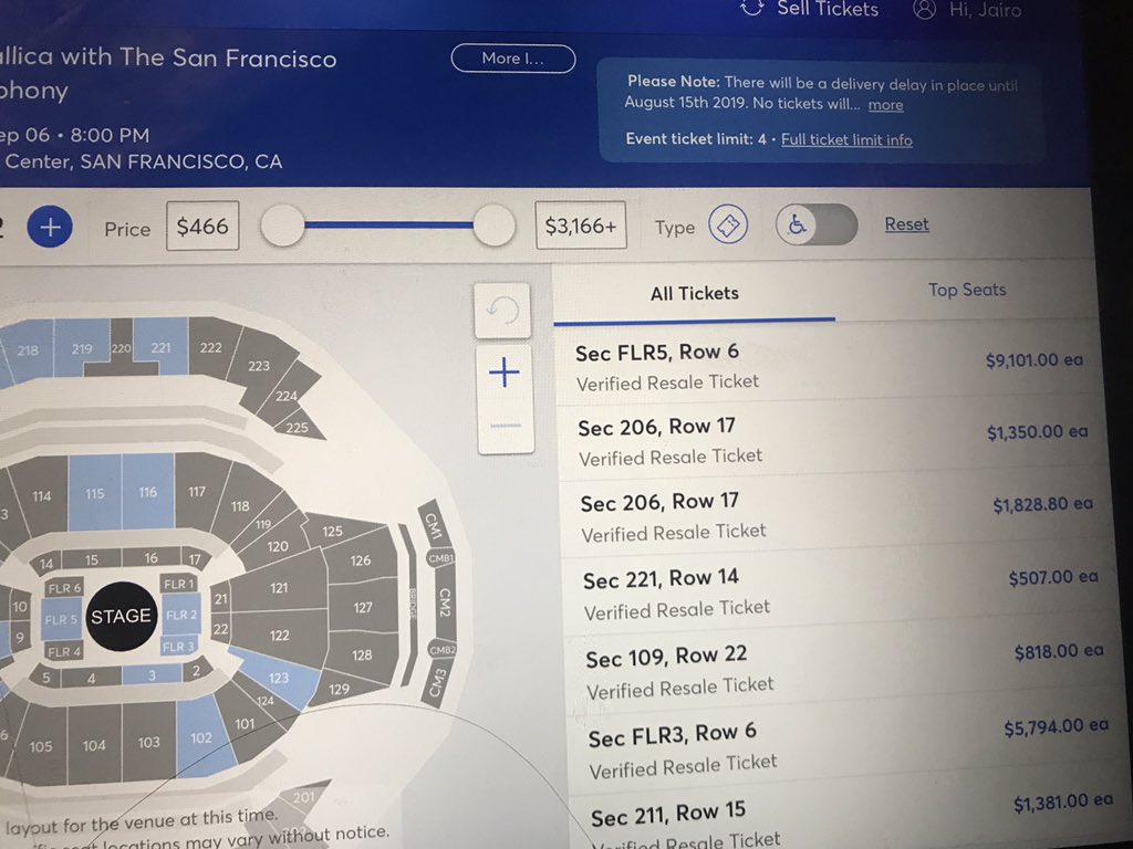 Milyposa's tweet photo. After 3 presales and an open public sale with astronomical prices since the beginning we got nothing! Watch this @Metallica, it’s so unfair for us, your fans! A ticket that was $500 on sale at $9000 @Ticketmaster sucks! https://t.co/CntMpk3T5c