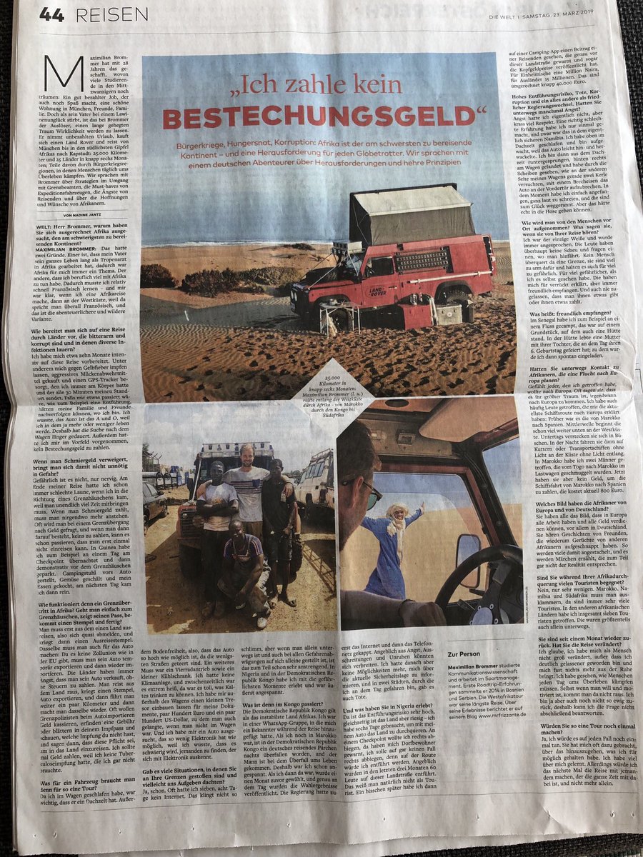 Bürgerkrieg, Hungersnot und Korruption: Afrika ist der am schwersten zu bereisende Kontinent. Maximilian Brommer hat es trotzdem gewagt und ist ein halbes Jahr mit seinem Land Rover von München bis nach Kapstadt gefahren. Warum? Mein #interview heute in der <a href="/welt/">WELT</a>