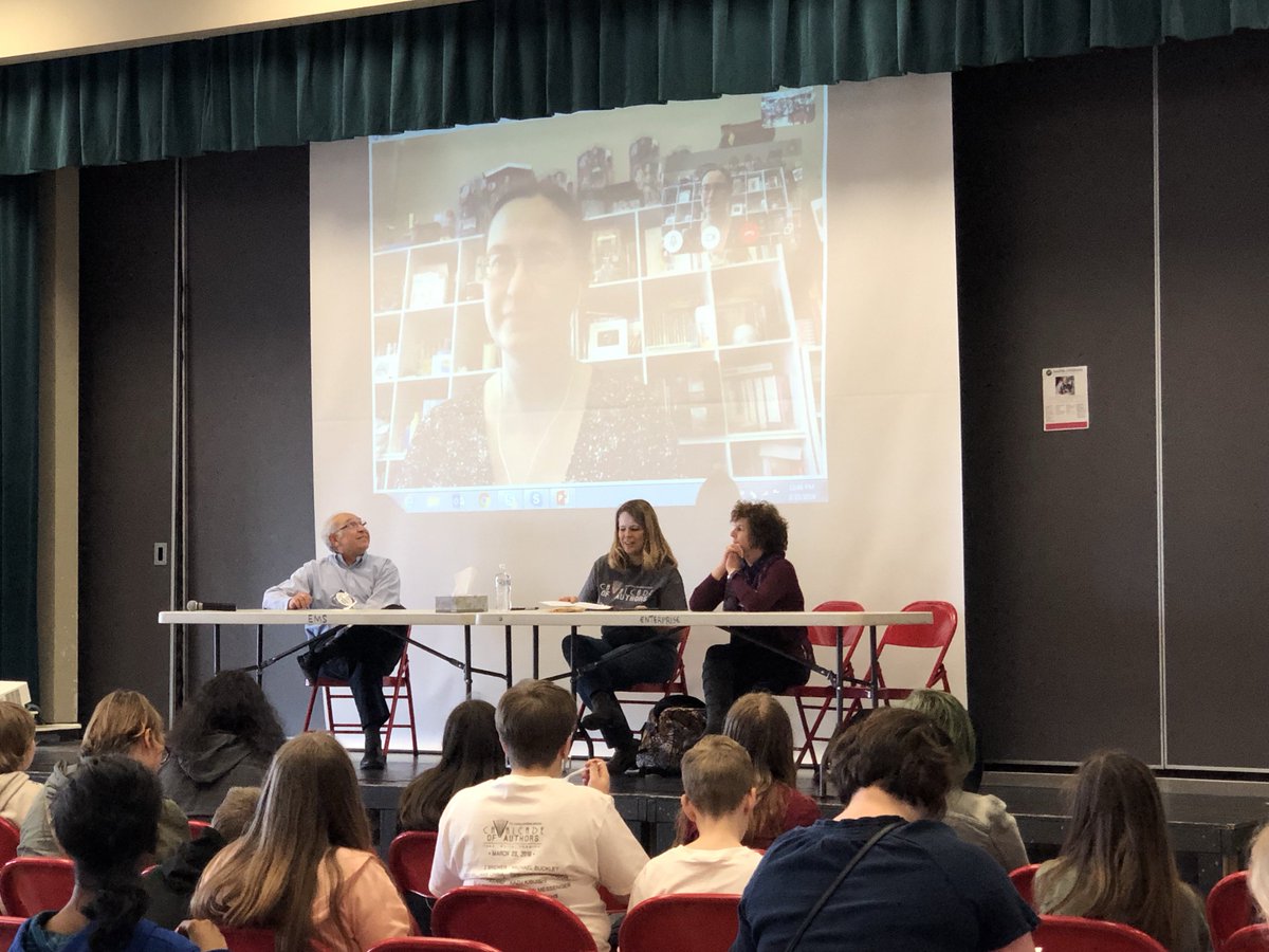 BooksMakeUSoar's tweet photo. Realistic/Hist Fiction panel at Cavalcade of Authors:  Francisco X Stork, Svetlana Chmakova, Jennifer A Nielsen, and Deborah Hopkinson.  We are so glad you are here! Thanks for Skyping Svetlana!  @StorkFrancisco @svetlania @nielsenwriter @Deborahopkinson #cofa2019 #cofauthors https://t.co/zROdVRzX1j
