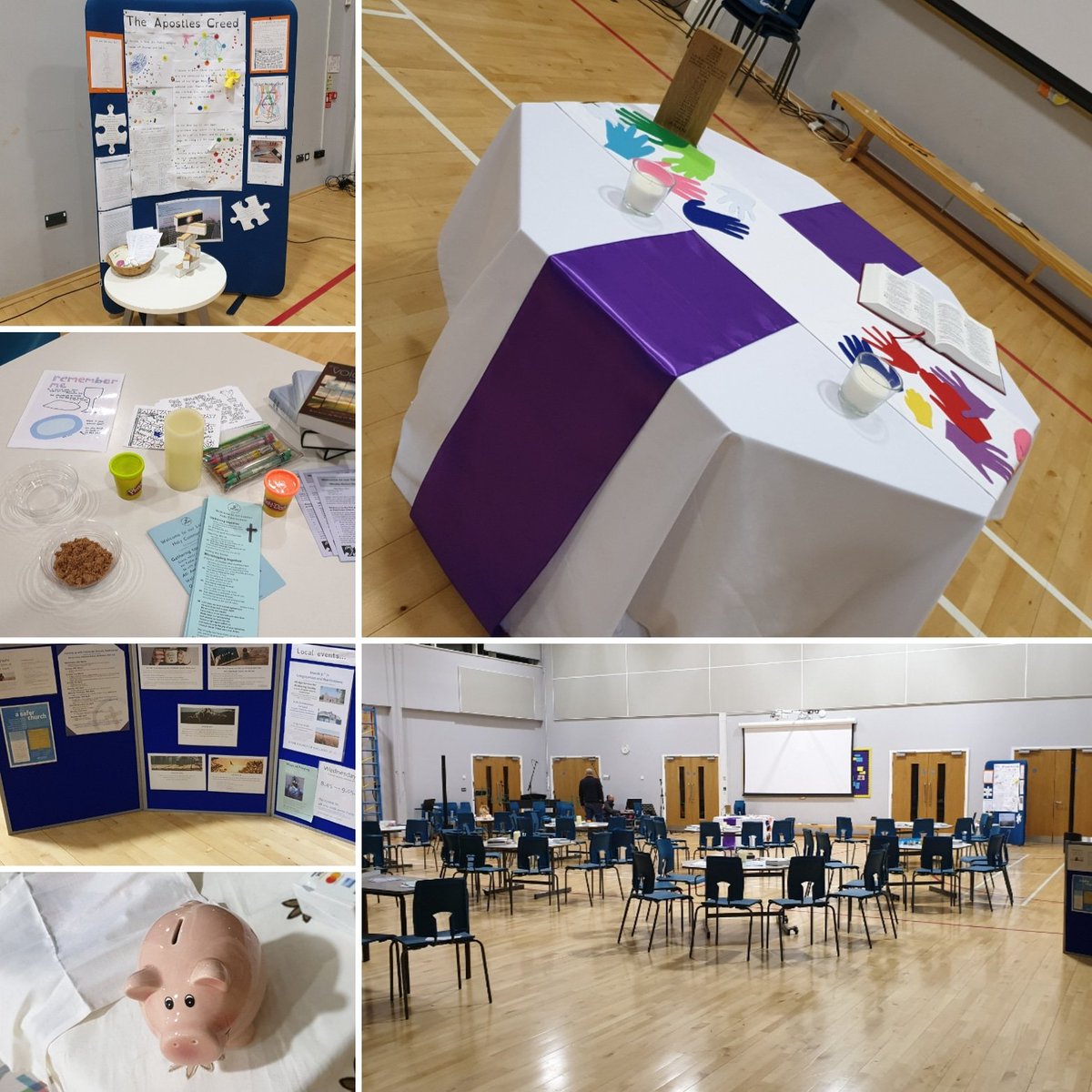 NorthstoweC's tweet photo. All set up for tomorrow's Joint Service. If you are in the Northstowe area do join us in Pathfinder School at 1030am! Worshipping together with those from many different traditions and none, with different generations sitting round tables together. #HolyCommunion #HolyCommunity https://t.co/XYA8Anldb2