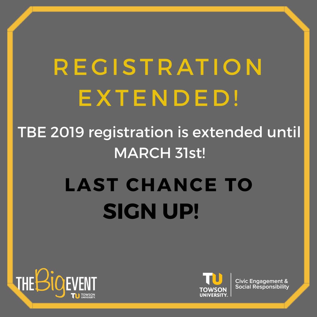 TUBigEvent's tweet image. Registration has been extended! Make sure to sign up if you already haven’t 😎 Let’s give back to the Towson community❤️ @TowsonU #thebigevent2019 #onebigthanks