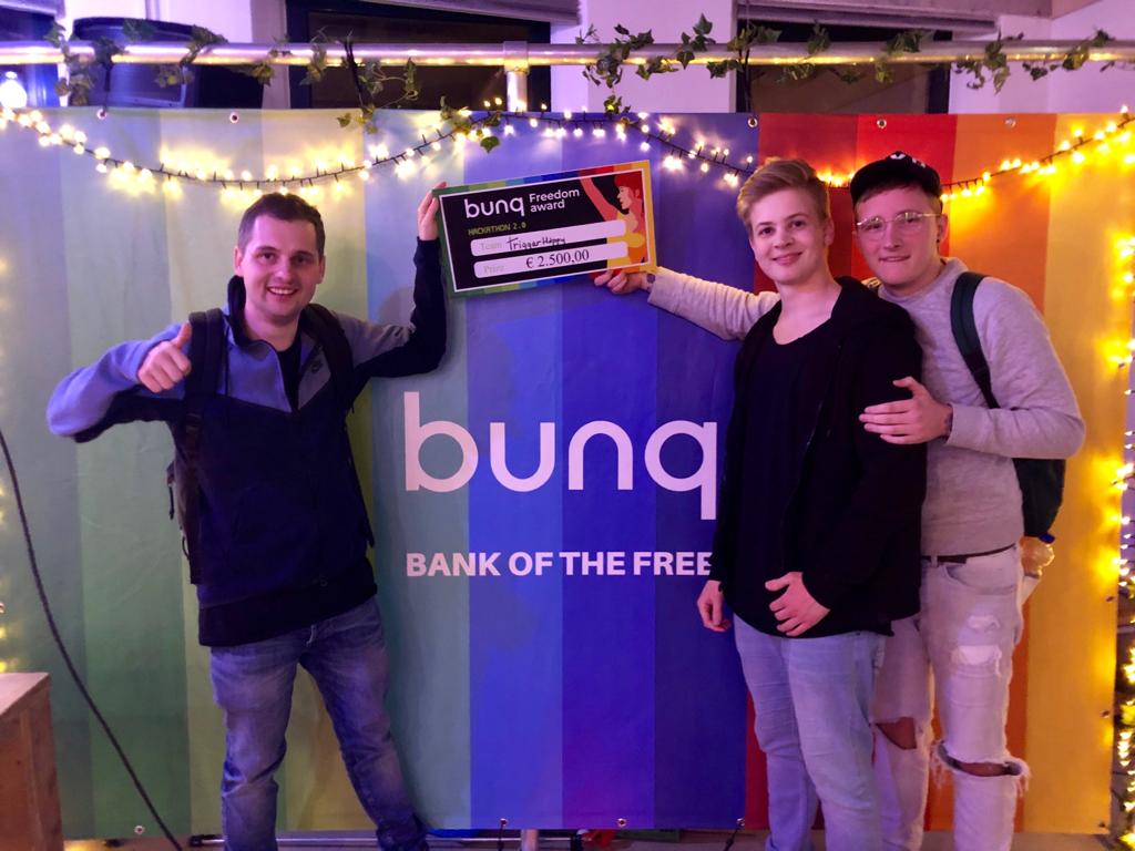 bunq's tweet photo. And the winner of the bunq Hackathon 2.0 is.... TriggerHappy! Congrats guys 🎉😃! 

Curious what else was created? We will share all the awesome ideas with you in the coming days on our social channels! #bunqhackathon #codetocreate #bunq https://t.co/sf80bDyzeQ