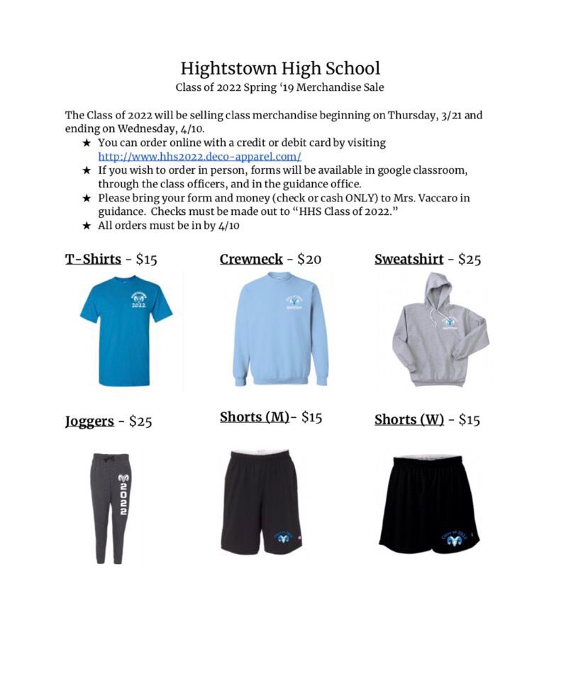 hightstown22's tweet photo. The Class of 2022 Spring Merch Sale has officially begun! You can now order your merch online by going to https://t.co/kEdP17q7Qk. If you would like to order merch in person. You can get order forms from class officers, google classroom, or in the guidance office. https://t.co/dIvnExnVnS