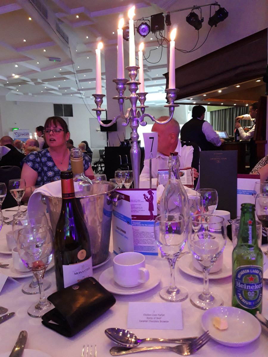 braintumourlady's tweet photo. At #theweekend2019 Gala dinner. Sum bleddy posh. They do 'ave both candles *and* leccytricy lights! 😉 @BrainTumourSupp https://t.co/3TVcCM5IWd
