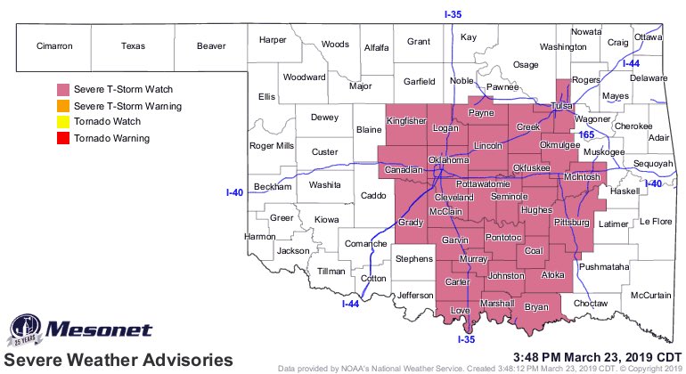 emilyrsutton's tweet photo. A SEVERE THUNDERSTORM WATCH is in effect until 10PM for portions of central and southern OK. Watch @kfor for the latest. 3:51PM #okwx https://t.co/Ddutu3oT2N