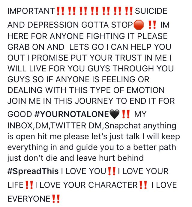 RBE_Killa's tweet photo. Please Reach OUT TO ME I LOVE YOU I CARE ABOUT YOU I BELIEVE IN YOU DONT DO IT #YOURNOTALONE🖤‼️ #Sad #Darkness #Depression #Sucideprevention (IM HERE FOR ANYONE PLEASE REACH OUT AND TALK DONT KILL YOURSELF AND LEAVE PAIN BEHIND 💯‼️ https://t.co/sv3O354hKW