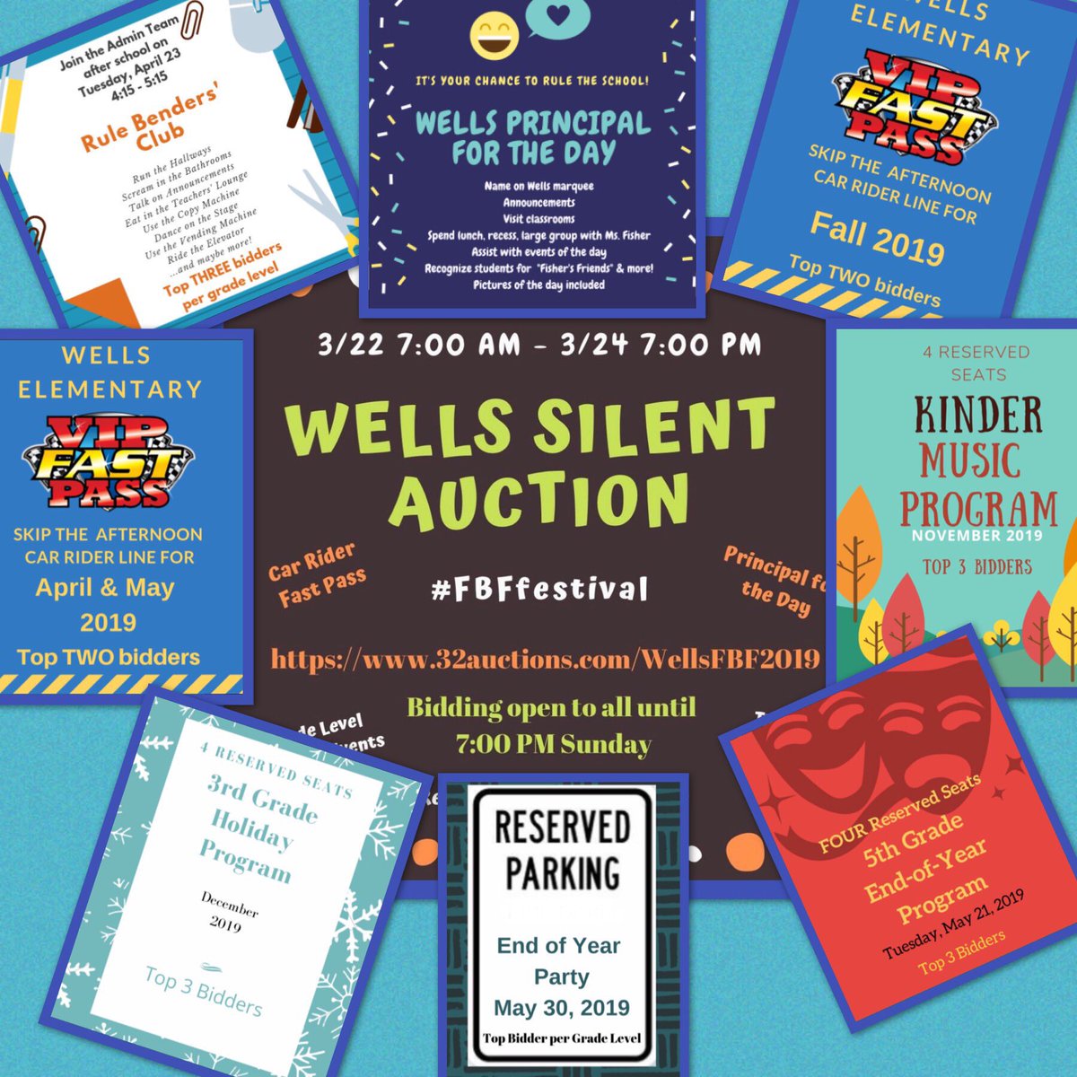 Our @CFISDWells silent auction is going on now. Log on to 32auctions.com/WellsFBF2019. Bid on a day with the principal, fun with the admin team, reserved seating at programs, reserved parking for end of year party & fast pass through the car rider line. #ExploreWells #FBFfestival