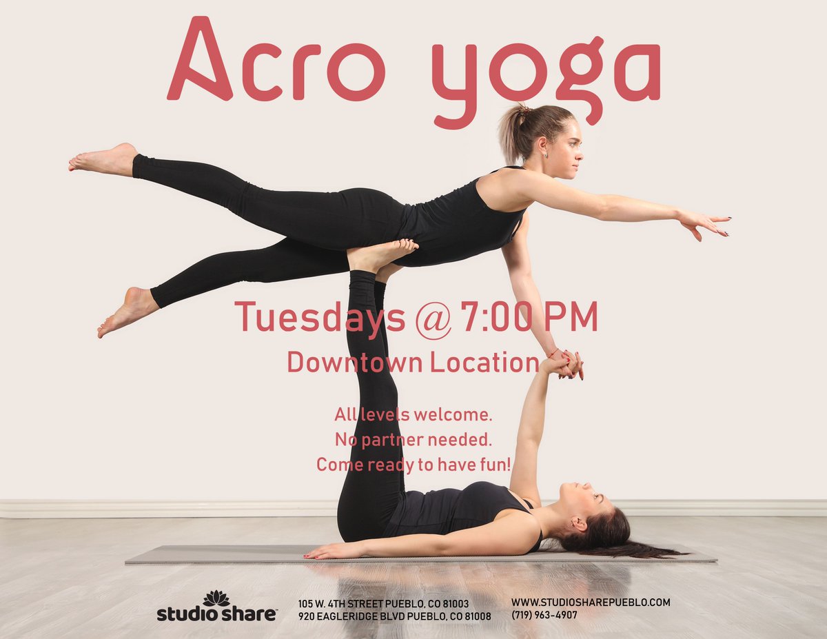 StudioShareCo's tweet photo. Acro yoga is happening tonight @ 7 p.m. at the Downtown studio!! All levels welcome and no partner needed. Bring your clean feet and be ready to have some fun!!
#studiosharepueblo #pueblocoloradosprings #letsdothis #acro #fun #acrolife #acroyogi #acroyoga #yogainspired #yogalife https://t.co/t3k82ltfqh