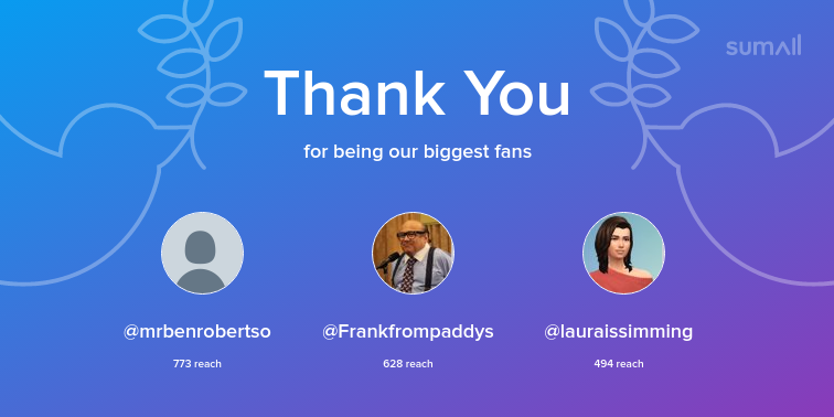 Our biggest fans this week: <a href="/mrbenrobertso/">Benny Ben</a>, <a href="/Frankfrompaddys/">Frank</a>, @lauraissimming. Thank you! via sumall.com/thankyou?utm_s…