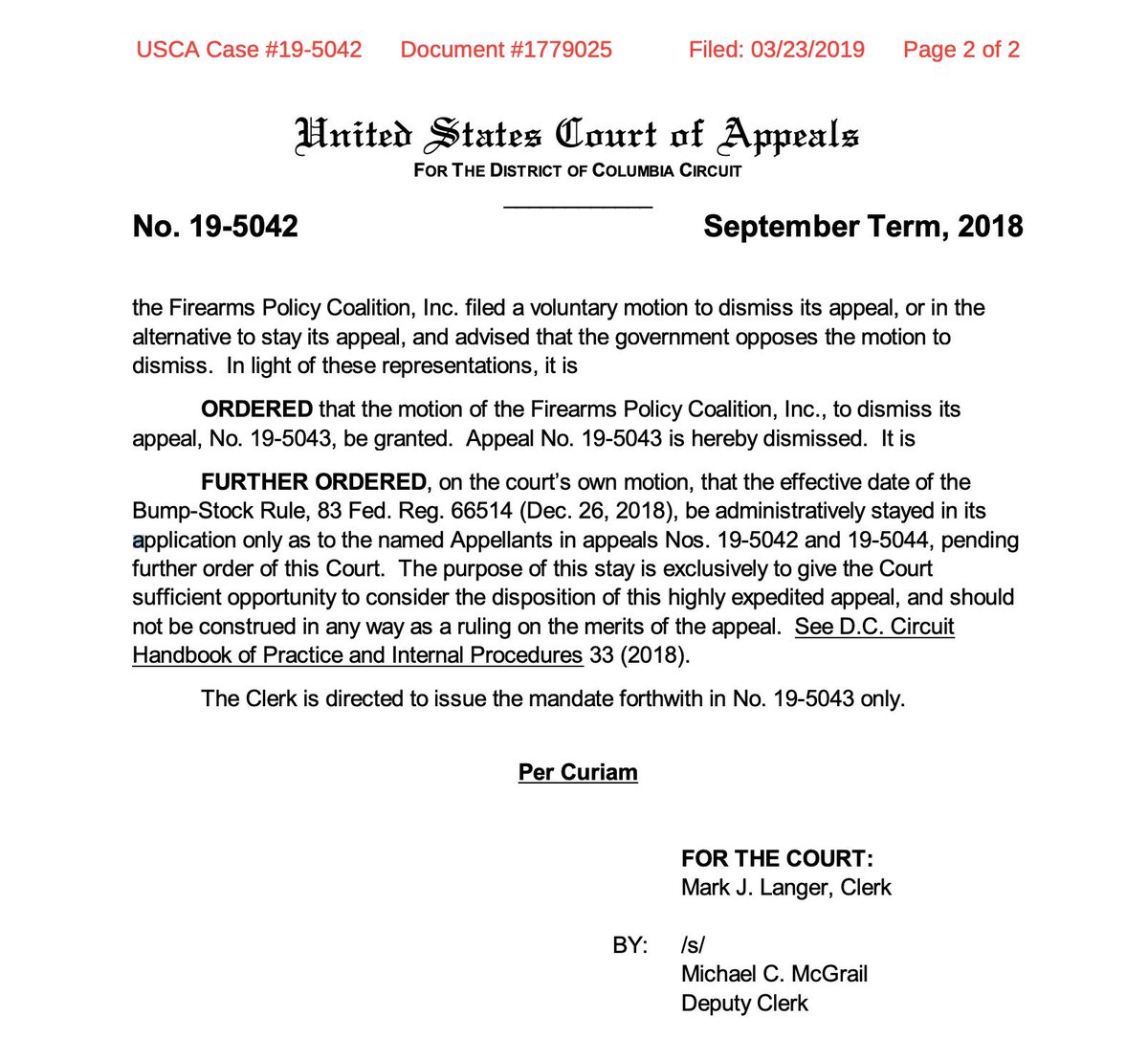BREAKING: D.C. Circuit orders stay of Trump #Bumpstock ban as to the named appellants in @gunpolicyfdn Guedes v. BATFE (no. 19-5042) and Codrea v. BATFE (appeal no. 19-5044). Case docs/info at BumpstockCase.com #appellatetwitter cc: <a href="/JoshMBlackman/">Josh Blackman</a> <a href="/ishapiro/">Ilya Shapiro</a> <a href="/MattLaAtLaw/">Matthew Larosiere</a>