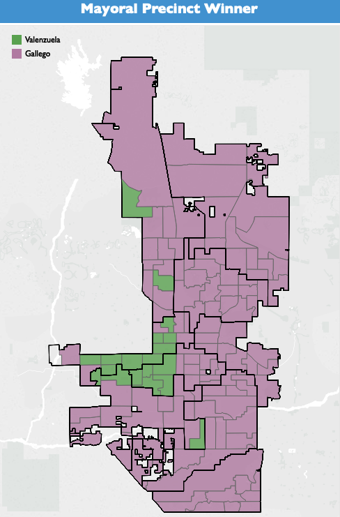 sfalmy's tweet photo. #PhxMayor precinct level results became available earlier this week. @KateWGallego won every city district except for #Phx5. @Daniel4PhxMayor won his home district by 85 votes. https://t.co/2C1X5MrqR1