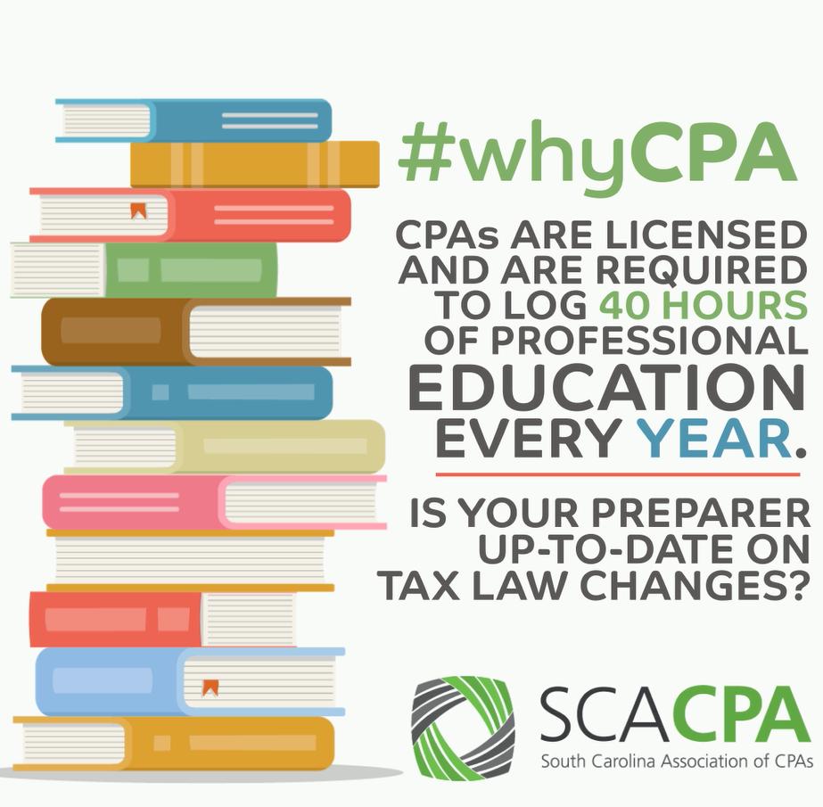 scacpa's tweet photo. Being a CPA means that the accountant is certified by the state, has met education requirements &amp; has passed a CPA exam. Plus, CPAs must take 40 hours of continuing education each year to maintain their license. Consider the value of a CPA today. #WhyCPA https://t.co/u1Wg6L6P7A https://t.co/mGC6gZEZs3