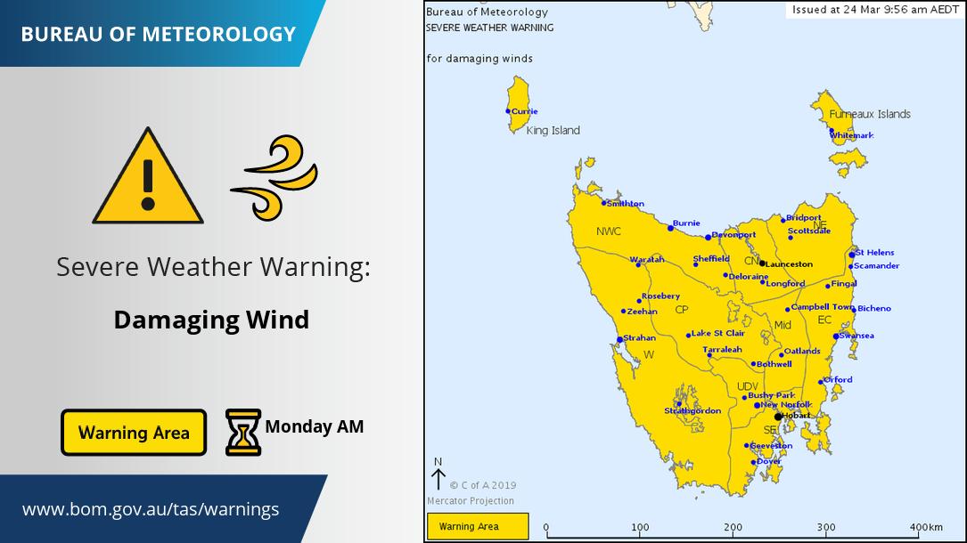 BOM_Tas's tweet photo. ⚠️ Severe Weather Warning issued for damaging #winds for #Tasmania overnight tonight and early Monday morning with a strong cold front. Storms likely about the west and north with the front. Details and updates at https://t.co/NHL3HY0zFO #TasStorms https://t.co/uCWO97xTXs