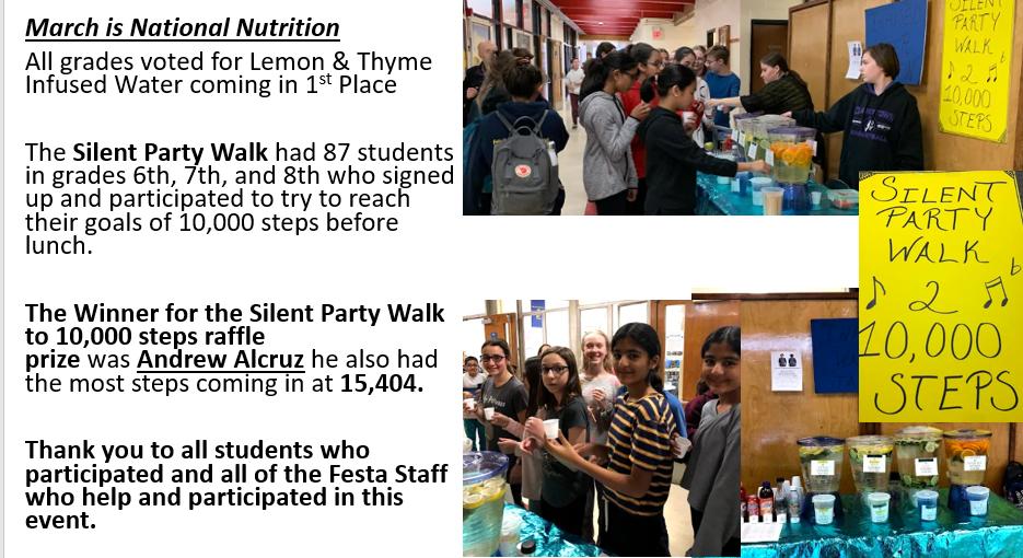 FFMS_Falcons's tweet photo. Great job @FestaFACS Mrs. Nabassoua at organizing the first ever #FFMS Silent Walk Party and water tasting event to help celebrate wellness.  #MarchForwardRC @rockhealth Proving that physical activity helps us to do better in school! #falconsfly #festastrong https://t.co/dANBkOIcdc